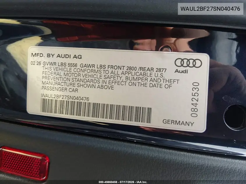 2025 Audi A6 Premium Plus 55 Tfsi Quattro S Tronic VIN: WAUL2BF27SN040476 Lot: 45660456