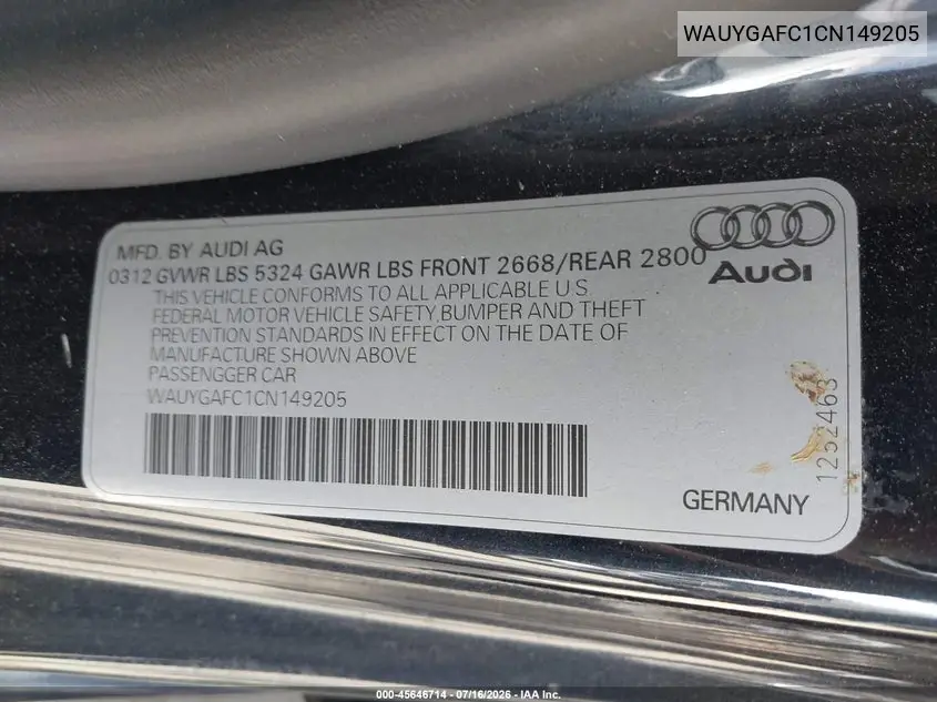 2012 Audi A7 3.0 Premium Plus VIN: WAUYGAFC1CN149205 Lot: 45646714