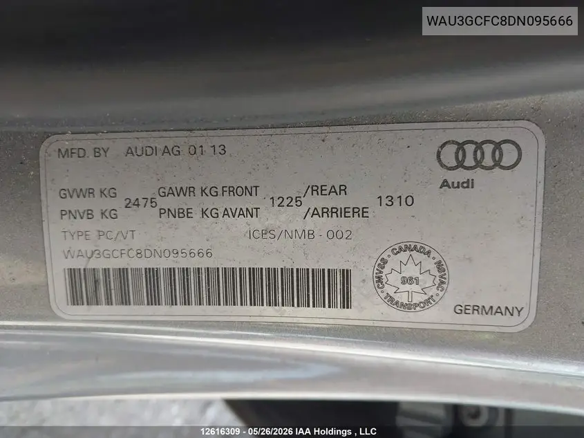 2013 Audi A7 Premium Plus VIN: WAU3GCFC8DN095666 Lot: 12616309