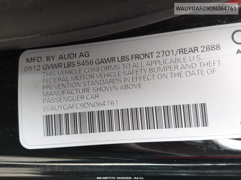 2013 Audi A7 3.0T Premium VIN: WAUYGAFC9DN064761 Lot: 44977174