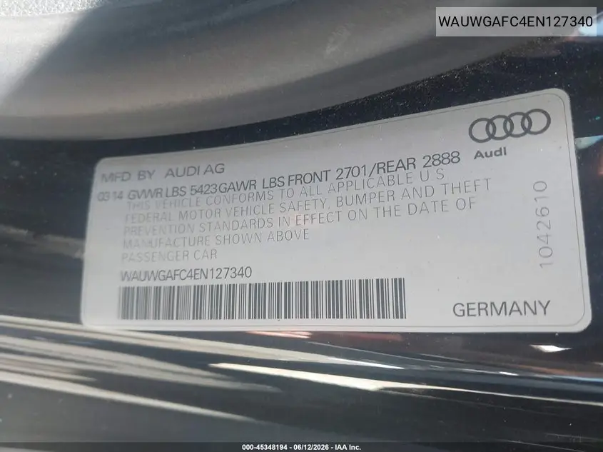 2014 Audi A7 3.0T Premium Plus VIN: WAUWGAFC4EN127340 Lot: 45348194