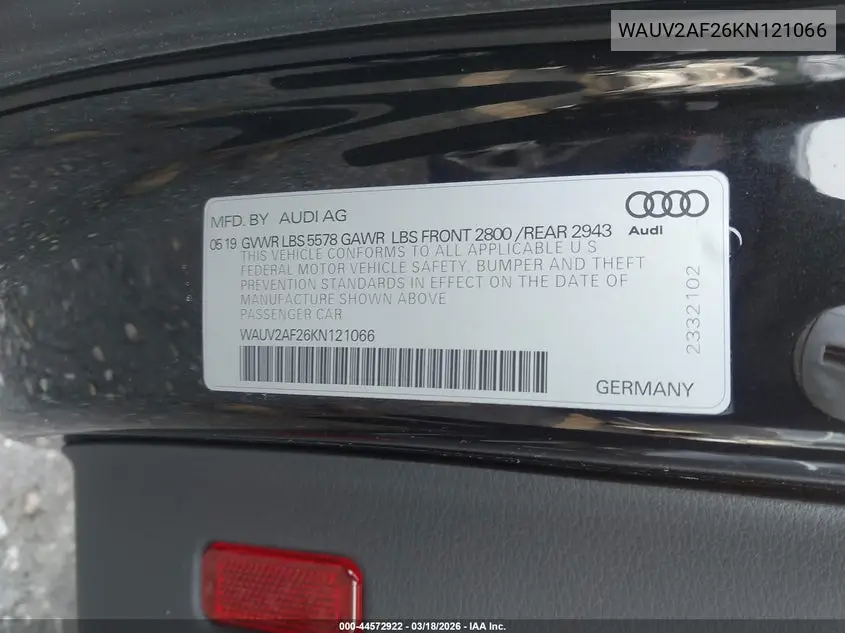 2019 Audi A7 55 Premium VIN: WAUV2AF26KN121066 Lot: 44572922