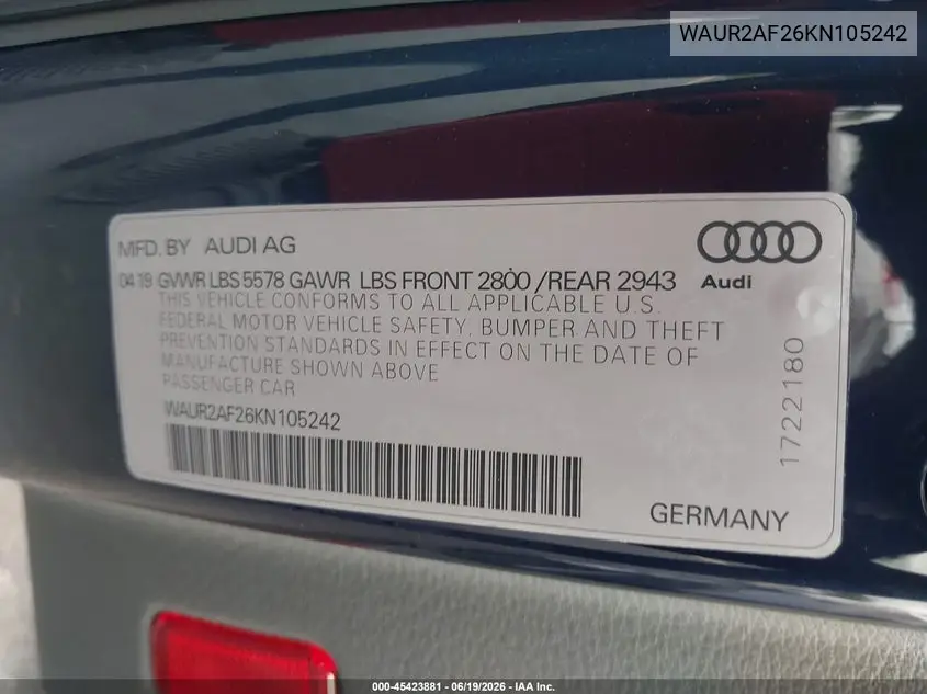 2019 Audi A7 55 Premium VIN: WAUR2AF26KN105242 Lot: 45423881