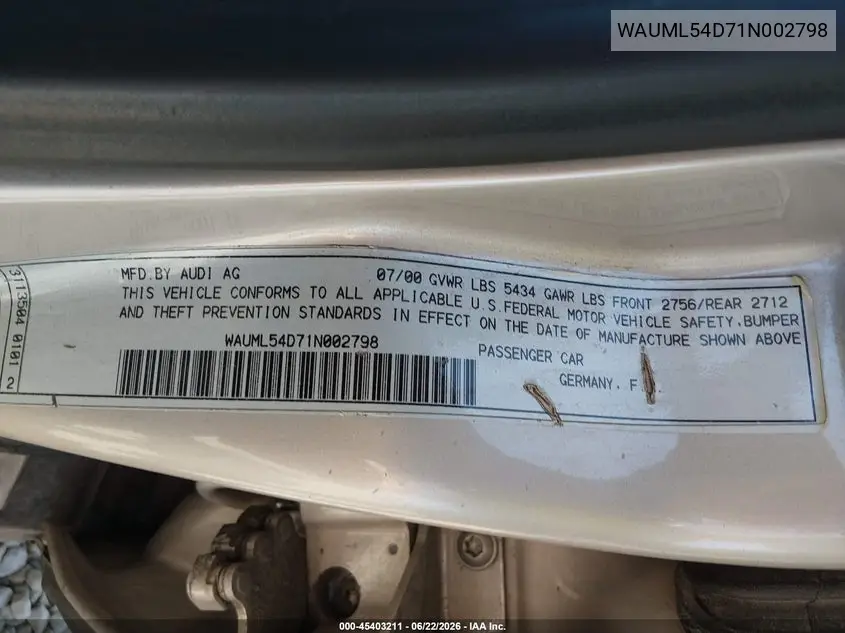 2001 Audi A8 4.2 VIN: WAUML54D71N002798 Lot: 45403211