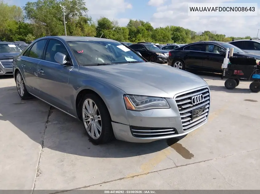 2012 Audi A8 4.2 VIN: WAUAVAFD0CN008643 Lot: 44746292