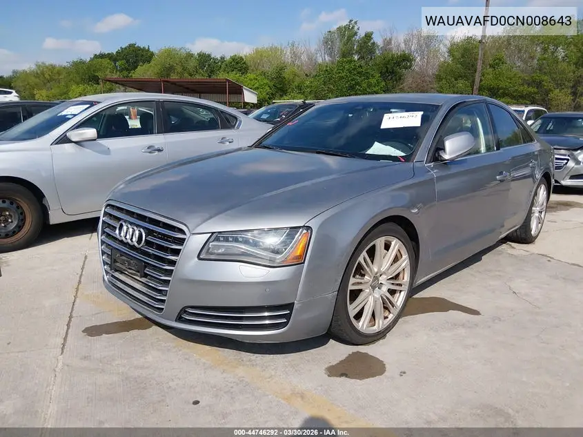 2012 Audi A8 4.2 VIN: WAUAVAFD0CN008643 Lot: 44746292