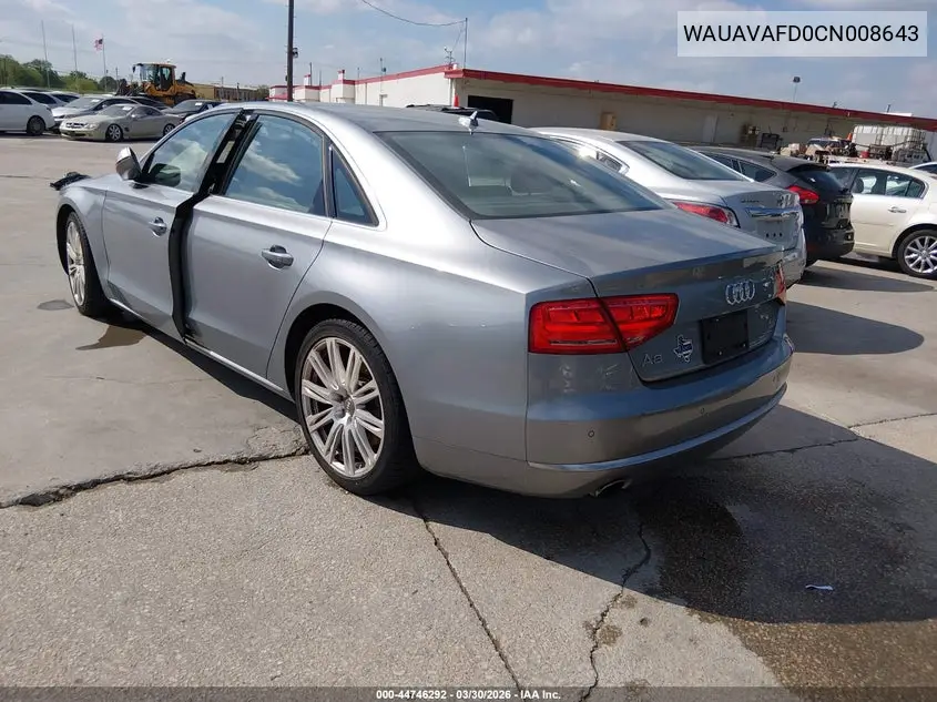 2012 Audi A8 4.2 VIN: WAUAVAFD0CN008643 Lot: 44746292