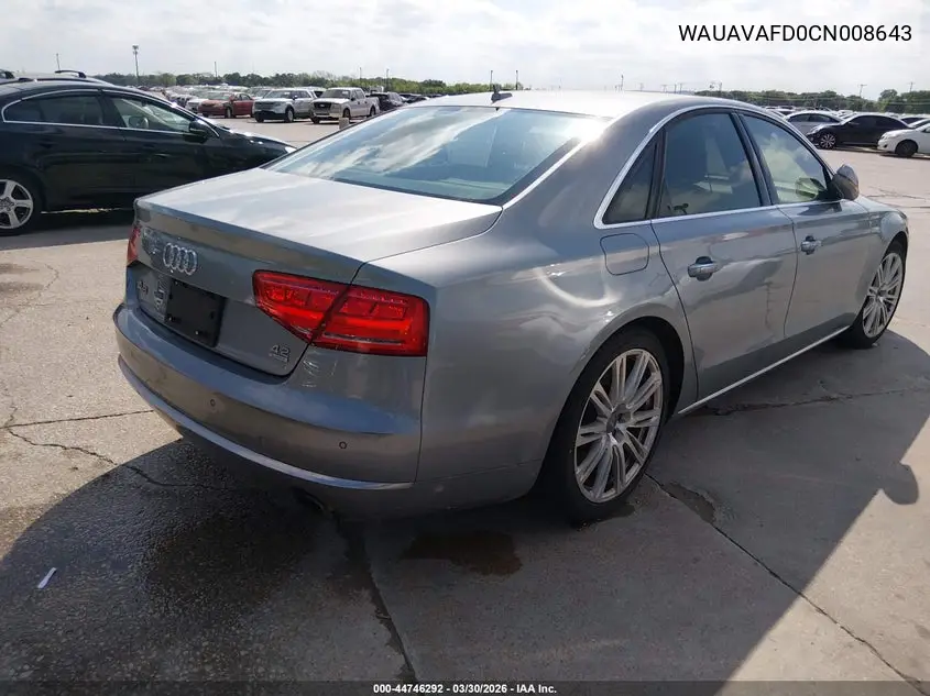 2012 Audi A8 4.2 VIN: WAUAVAFD0CN008643 Lot: 44746292