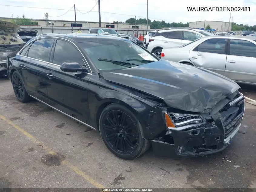 2014 Audi A8 L 3.0T VIN: WAURGAFD3EN002481 Lot: 45263770