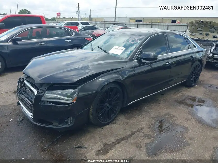 2014 Audi A8 L 3.0T VIN: WAURGAFD3EN002481 Lot: 45263770