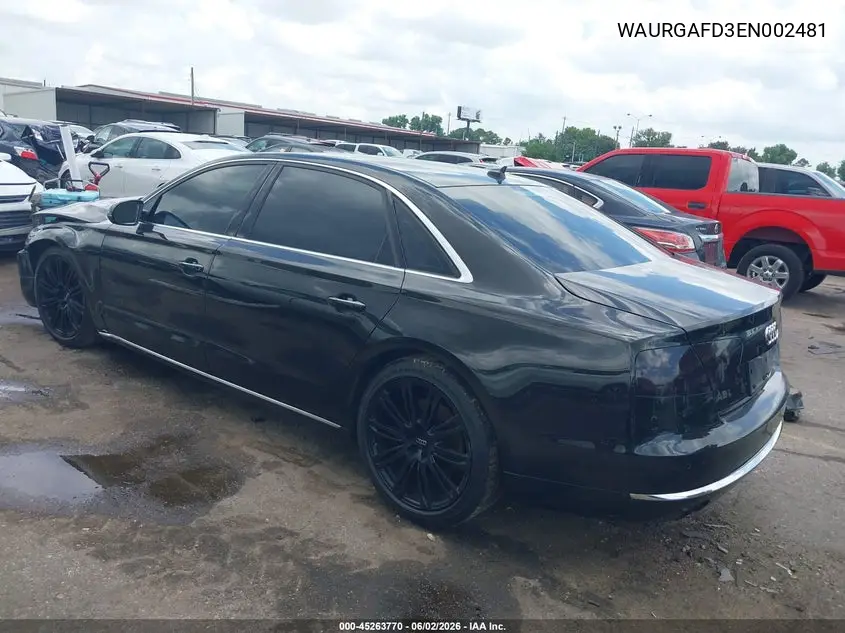 2014 Audi A8 L 3.0T VIN: WAURGAFD3EN002481 Lot: 45263770