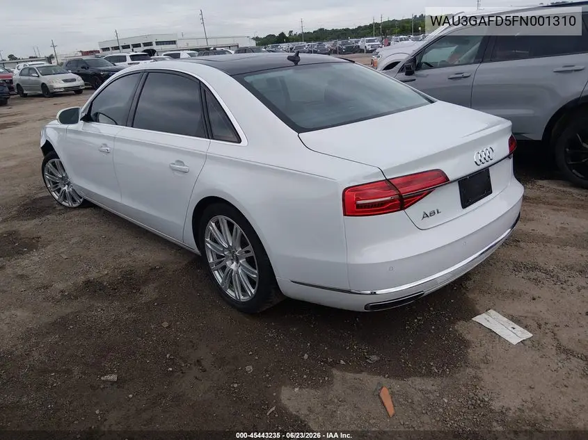 2015 Audi A8 L 3.0T VIN: WAU3GAFD5FN001310 Lot: 45443235