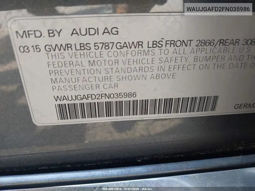 2015 Audi A8 3.0T VIN: WAUJGAFD2FN035986 Lot: 45512914