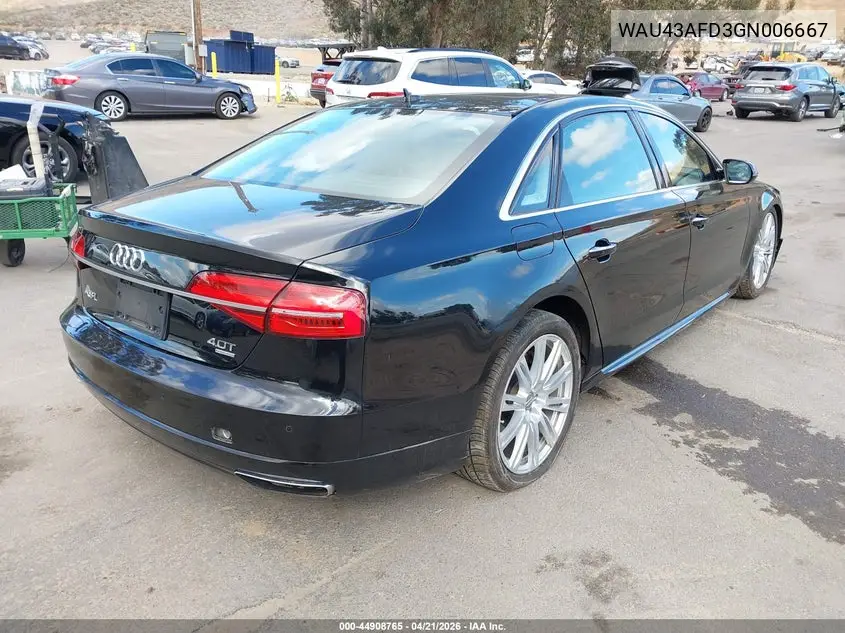 2016 Audi A8 L 4.0T Sport VIN: WAU43AFD3GN006667 Lot: 44908765