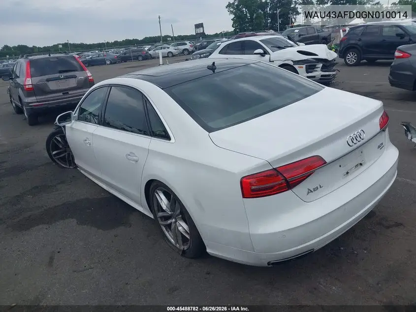 2016 Audi A8 L 4.0T Sport VIN: WAU43AFD0GN010014 Lot: 45488782