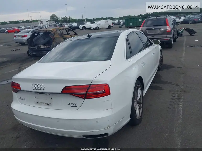 2016 Audi A8 L 4.0T Sport VIN: WAU43AFD0GN010014 Lot: 45488782