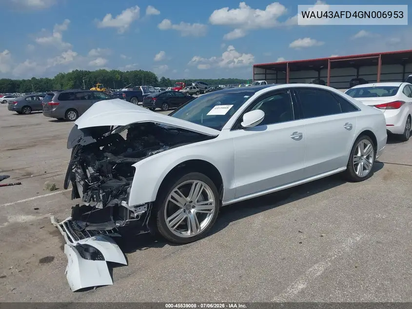 2016 Audi A8 L 4.0T Sport VIN: WAU43AFD4GN006953 Lot: 45539008
