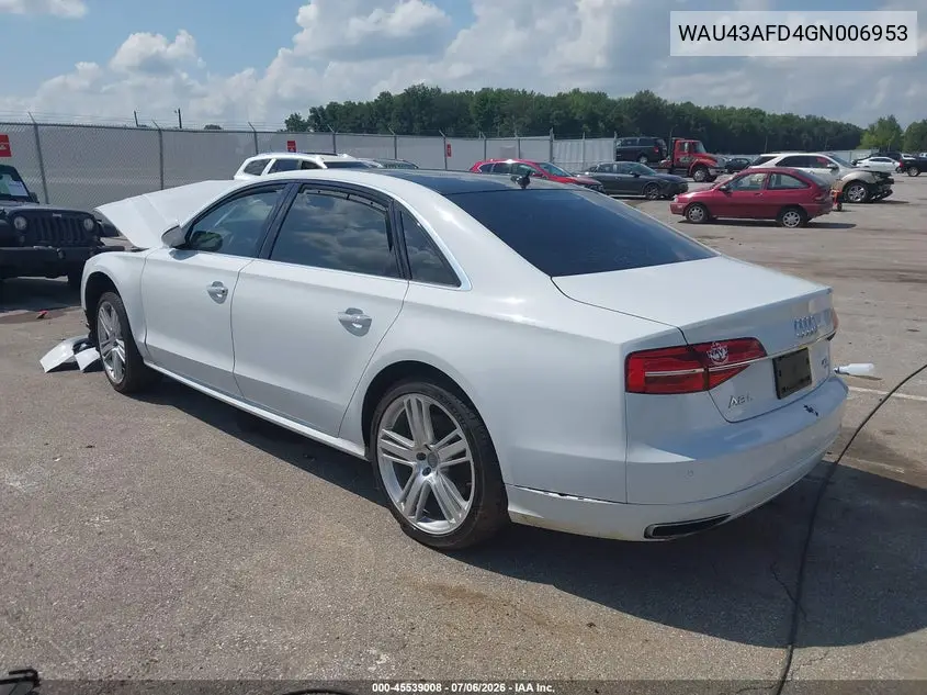 2016 Audi A8 L 4.0T Sport VIN: WAU43AFD4GN006953 Lot: 45539008