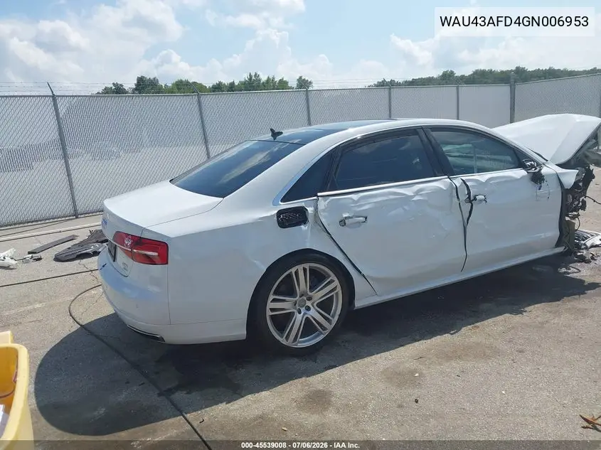 2016 Audi A8 L 4.0T Sport VIN: WAU43AFD4GN006953 Lot: 45539008