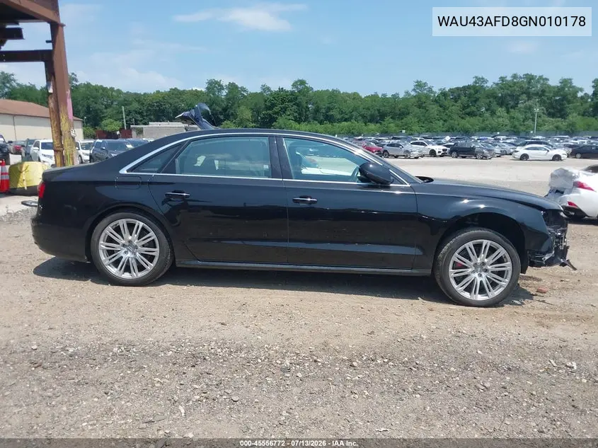 2016 Audi A8 L 4.0T Sport VIN: WAU43AFD8GN010178 Lot: 45556772