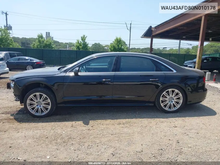 2016 Audi A8 L 4.0T Sport VIN: WAU43AFD8GN010178 Lot: 45556772