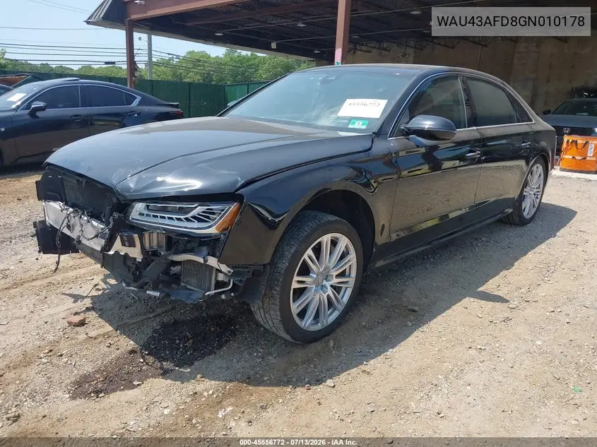 2016 Audi A8 L 4.0T Sport VIN: WAU43AFD8GN010178 Lot: 45556772