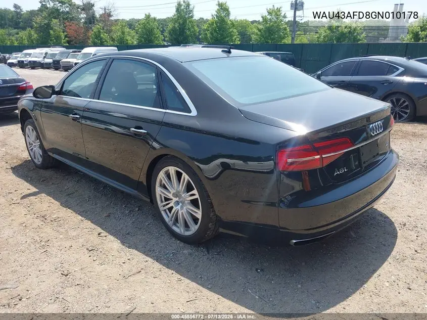 2016 Audi A8 L 4.0T Sport VIN: WAU43AFD8GN010178 Lot: 45556772