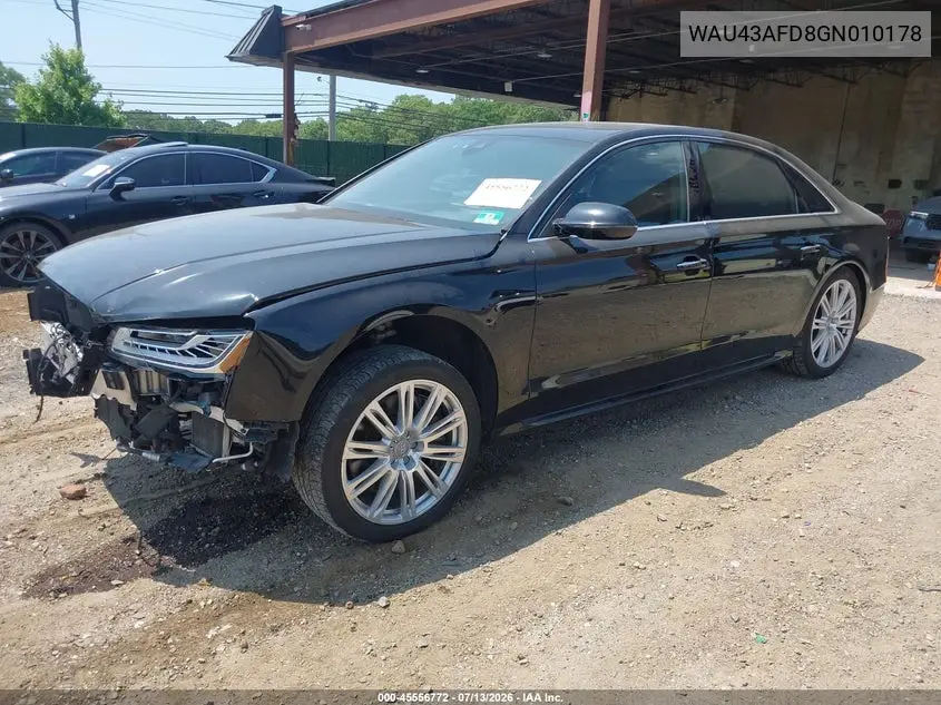 2016 Audi A8 L 4.0T Sport VIN: WAU43AFD8GN010178 Lot: 45556772