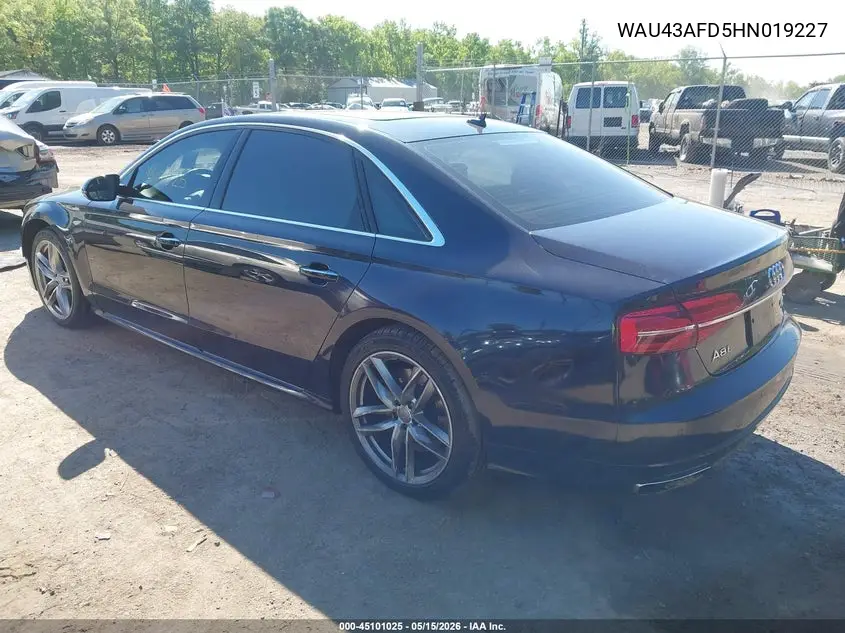 2017 Audi A8 L 4.0T Sport VIN: WAU43AFD5HN019227 Lot: 45101025
