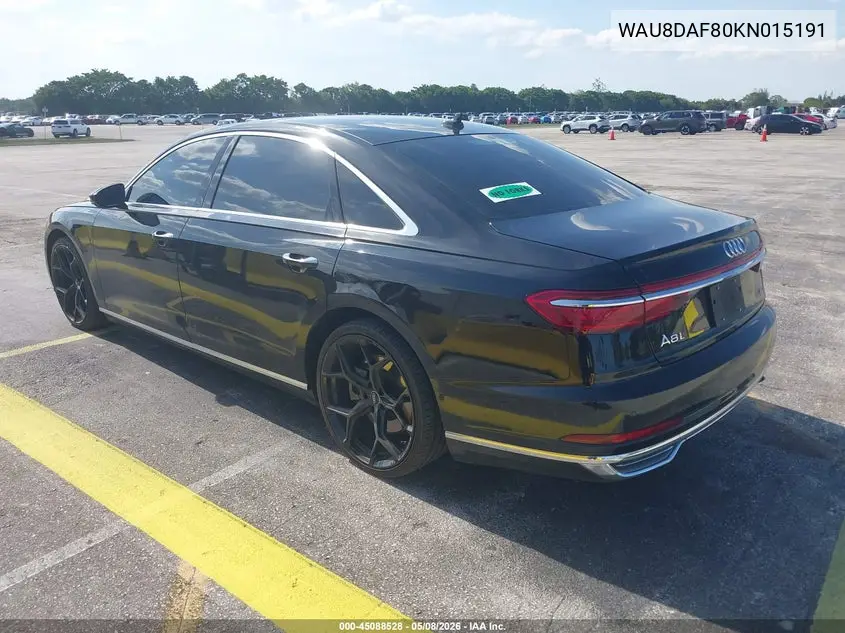 2019 Audi A8 L 55 VIN: WAU8DAF80KN015191 Lot: 45088528