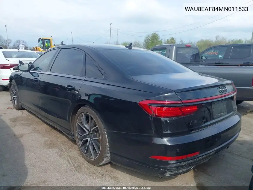 2021 Audi A8 L 60 Tfsi Quattro Tiptronic VIN: WAU8EAF84MN011533 Lot: 44827256
