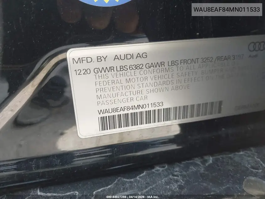2021 Audi A8 L 60 Tfsi Quattro Tiptronic VIN: WAU8EAF84MN011533 Lot: 44827256
