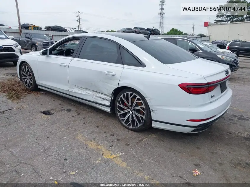 2021 Audi A8 L 55 Tfsi Quattro Tiptronic VIN: WAU8DAF86MN014744 Lot: 45002233