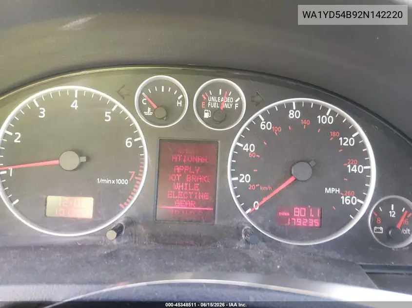 2002 Audi Allroad 2.7L VIN: WA1YD54B92N142220 Lot: 45348511