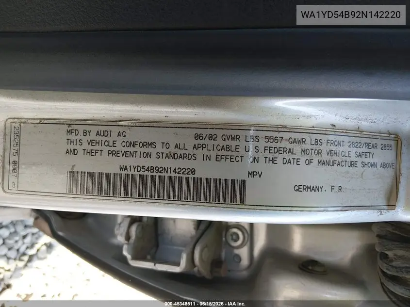 2002 Audi Allroad 2.7L VIN: WA1YD54B92N142220 Lot: 45348511