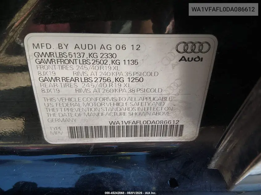 2013 Audi Allroad 2.0T Premium VIN: WA1VFAFL0DA086612 Lot: 45242068