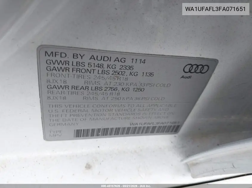 2015 Audi Allroad 2.0T Premium VIN: WA1UFAFL3FA071651 Lot: 45157626