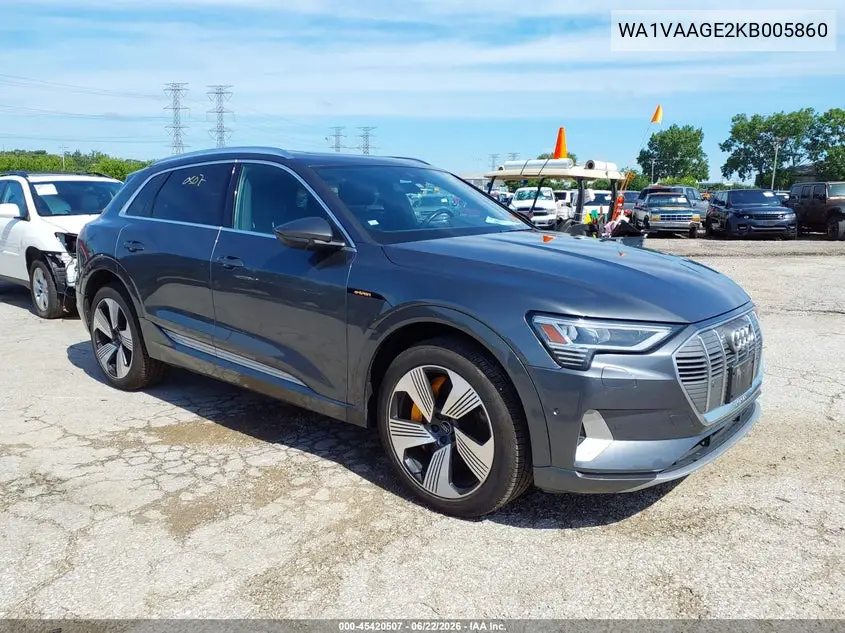 2019 Audi E-Tron Premium Plus VIN: WA1VAAGE2KB005860 Lot: 45420507