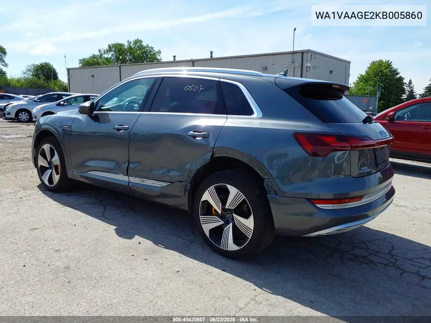 2019 Audi E-Tron Premium Plus VIN: WA1VAAGE2KB005860 Lot: 45420507