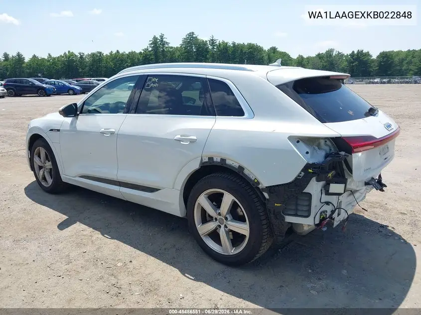 2019 Audi E-Tron Premium Plus VIN: WA1LAAGEXKB022848 Lot: 45486551