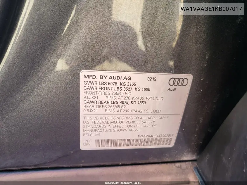 2019 Audi E-Tron Premium Plus VIN: WA1VAAGE1KB007017 Lot: 45494338