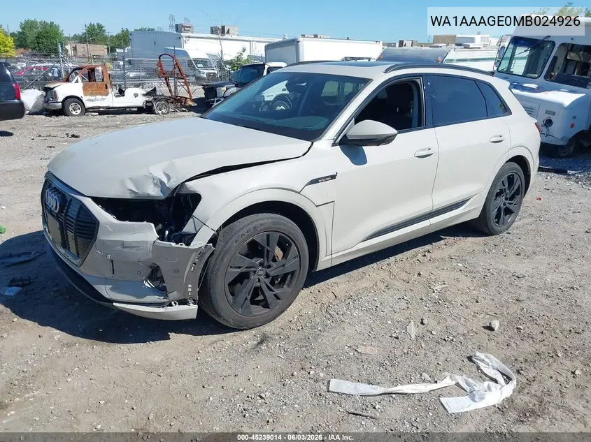 2021 Audi E-Tron Premium Quattro VIN: WA1AAAGE0MB024926 Lot: 45239014