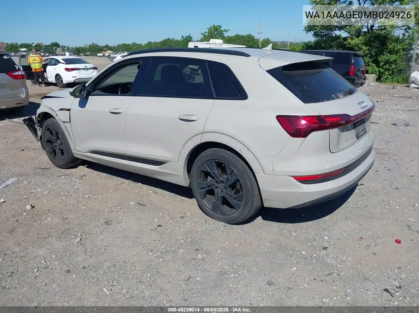 2021 Audi E-Tron Premium Quattro VIN: WA1AAAGE0MB024926 Lot: 45239014