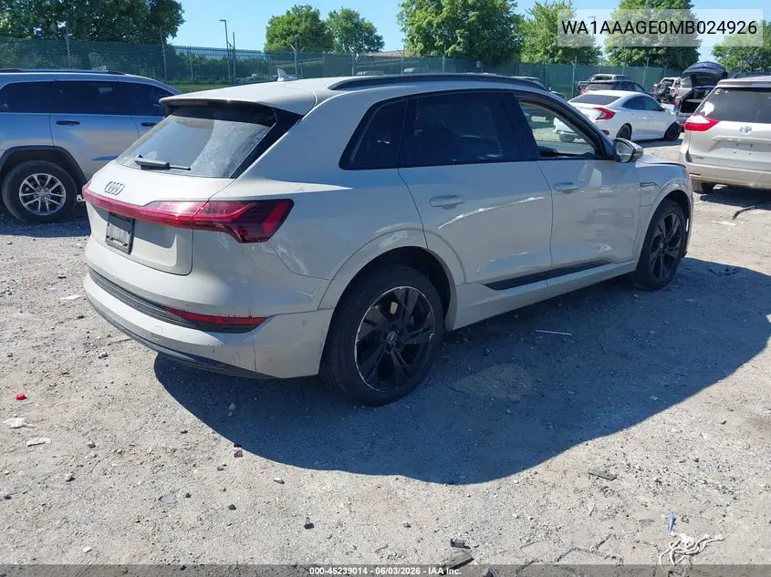 2021 Audi E-Tron Premium Quattro VIN: WA1AAAGE0MB024926 Lot: 45239014
