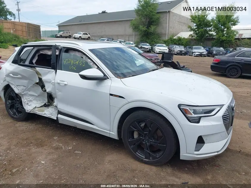 2021 Audi E-Tron Premium Quattro VIN: WA1AAAGE1MB003034 Lot: 45240733