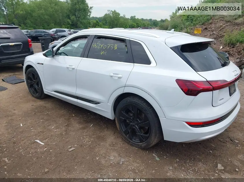 2021 Audi E-Tron Premium Quattro VIN: WA1AAAGE1MB003034 Lot: 45240733