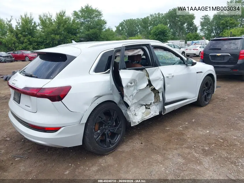 2021 Audi E-Tron Premium Quattro VIN: WA1AAAGE1MB003034 Lot: 45240733