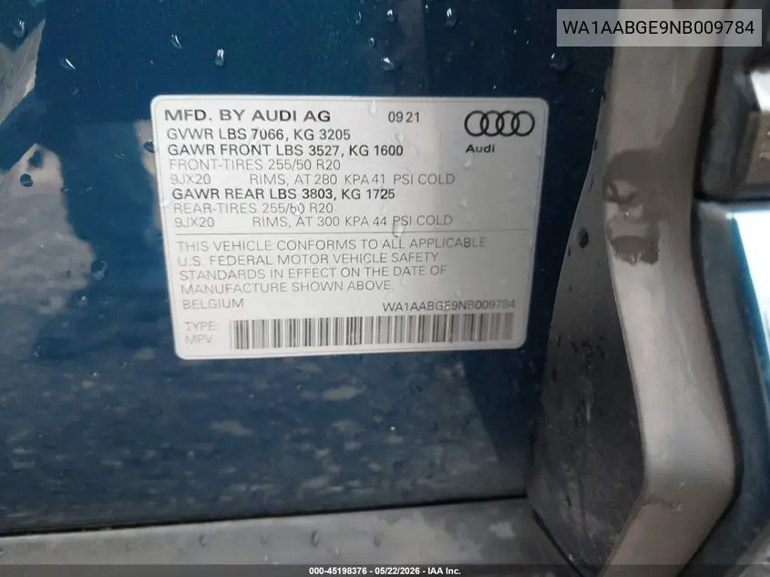 2022 Audi E-Tron Premium Quattro VIN: WA1AABGE9NB009784 Lot: 45198376