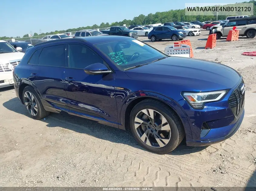 2022 Audi E-Tron Premium Quattro VIN: WA1AAAGE4NB012120 Lot: 45538203