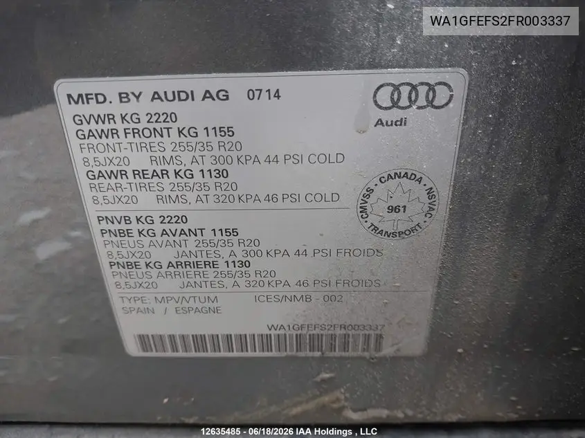 2015 Audi Q3 Prestige VIN: WA1GFEFS2FR003337 Lot: 12635485